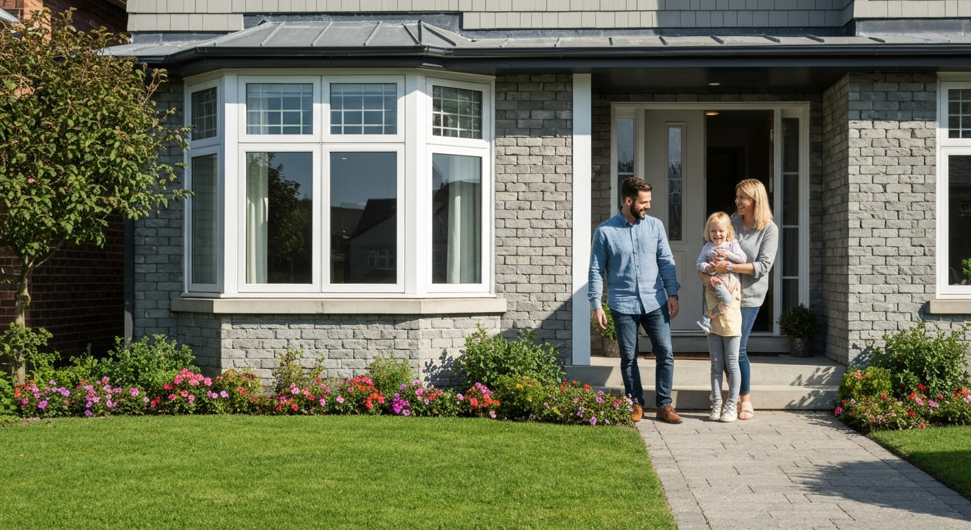 Happy family outside a UK residential home