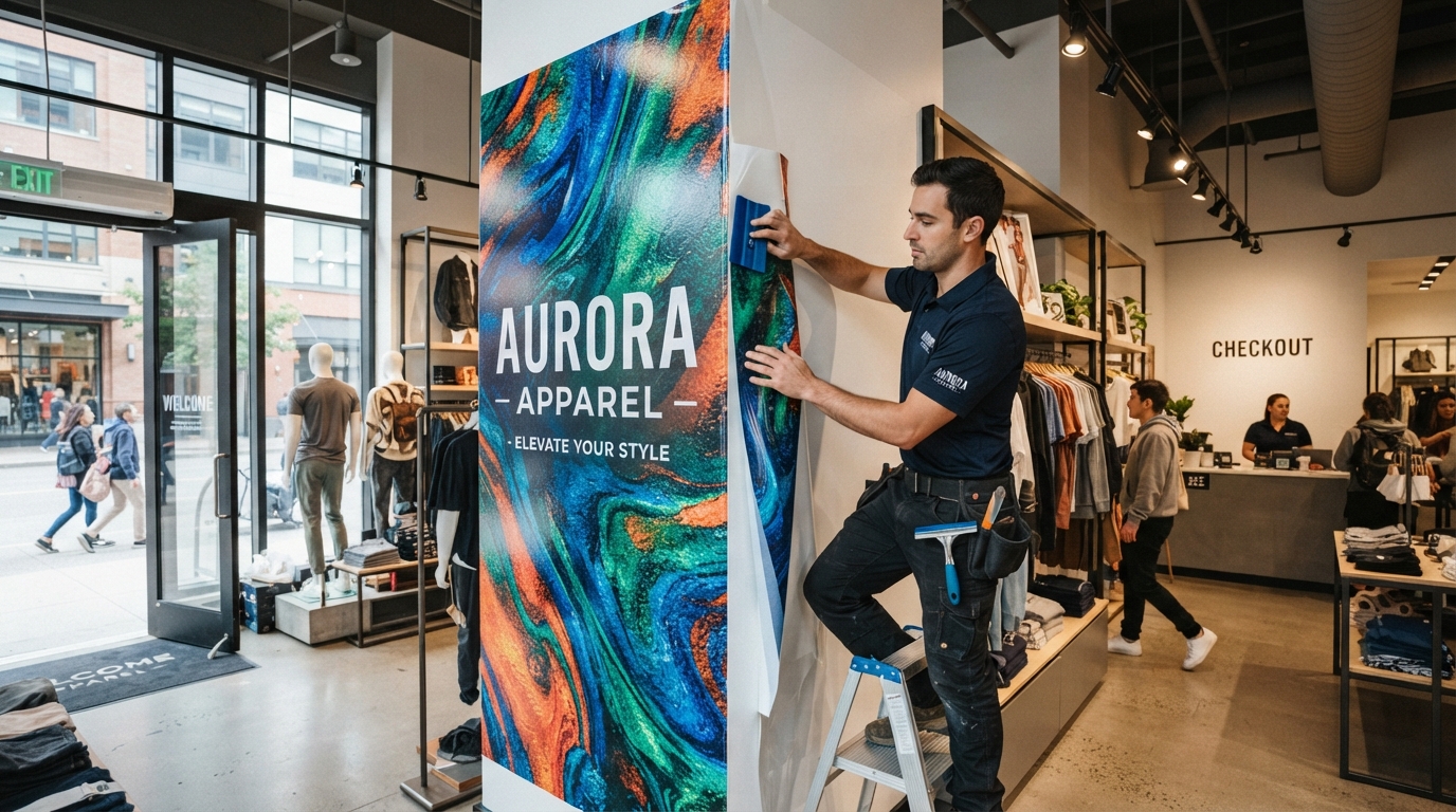 Retail shop interior with custom vinyl wall wrap branding