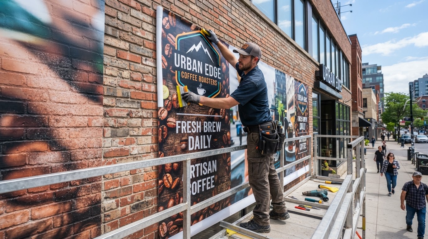 Exterior vinyl wrap installation on commercial building facade
