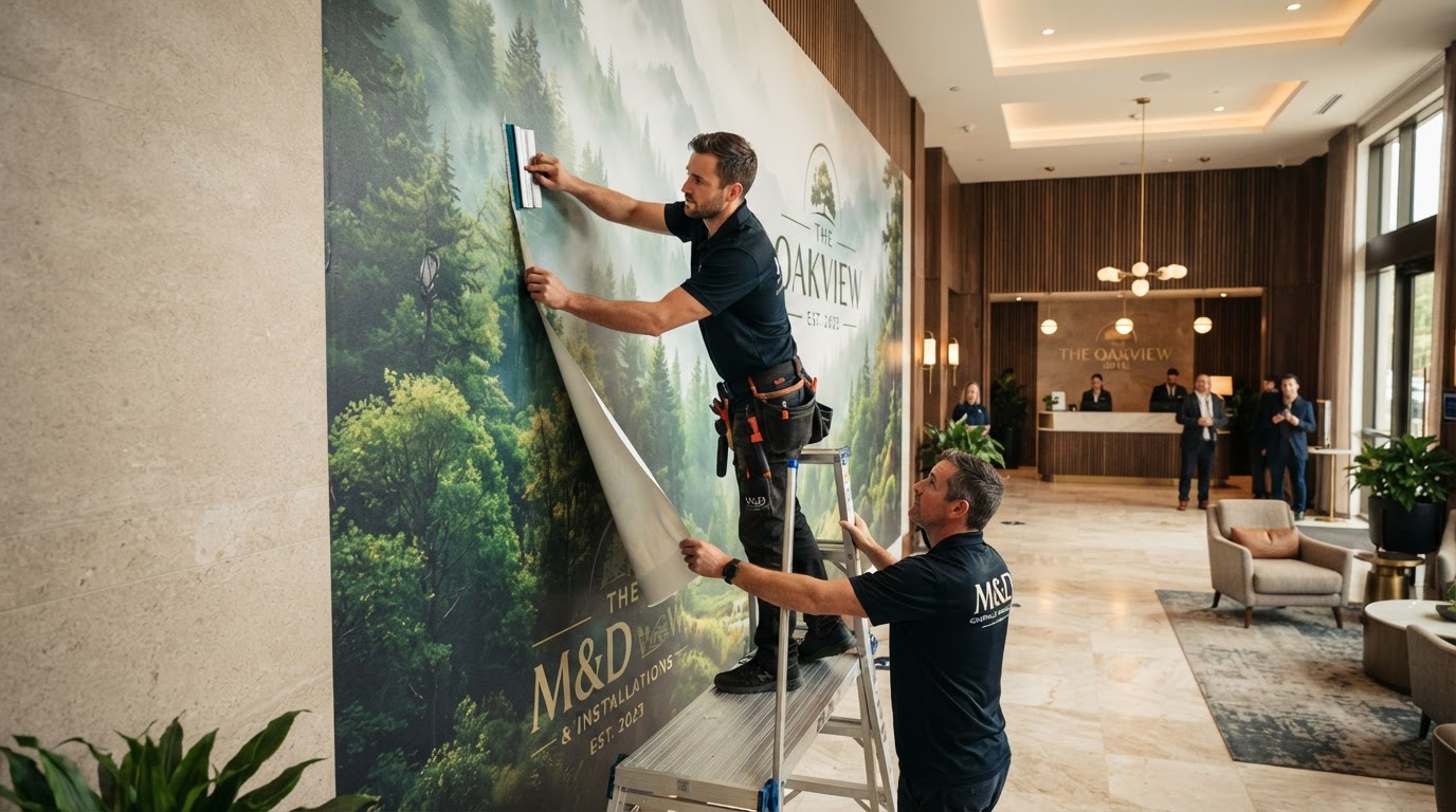 Hotel lobby with custom vinyl wall wrap branding