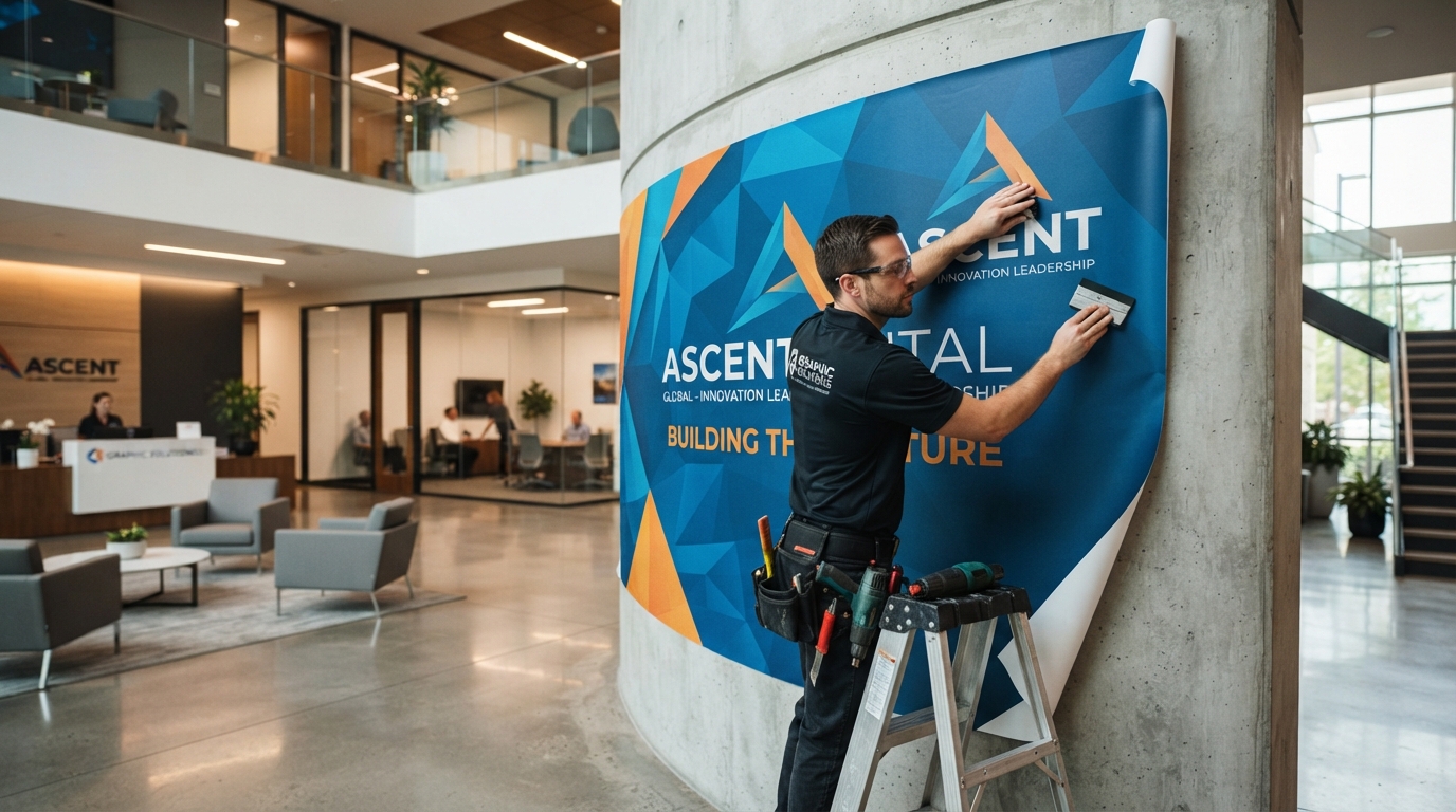 Office lobby with custom vinyl wall wrap branding