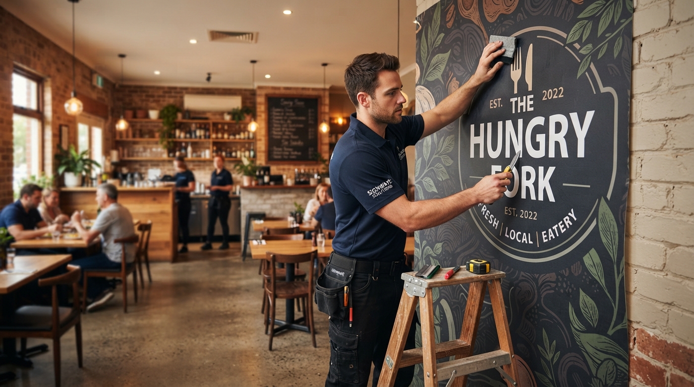 Restaurant interior with custom vinyl wall wrap branding