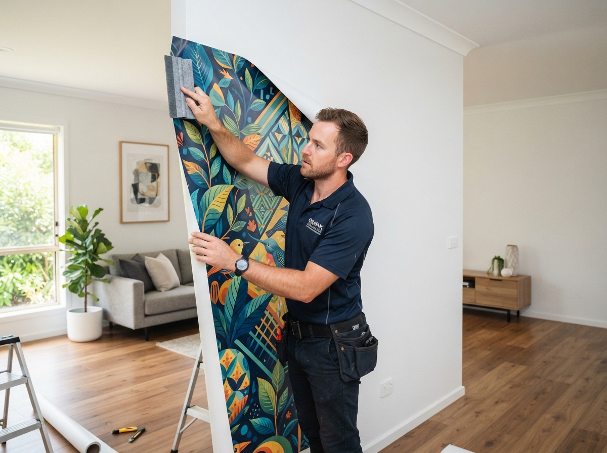 Installer applying interior vinyl wrap to a residential living room wall