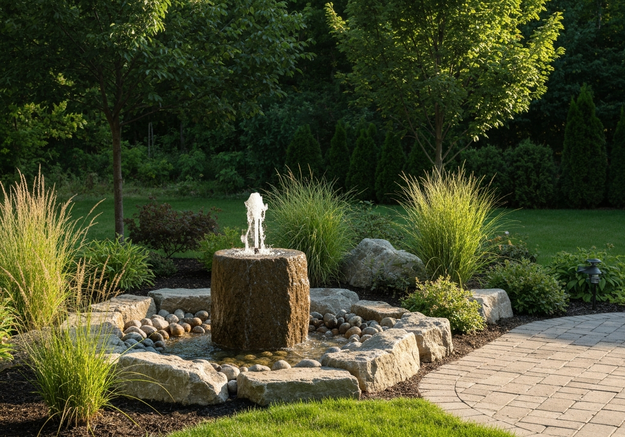 Pondless water feature beside a backyard patio