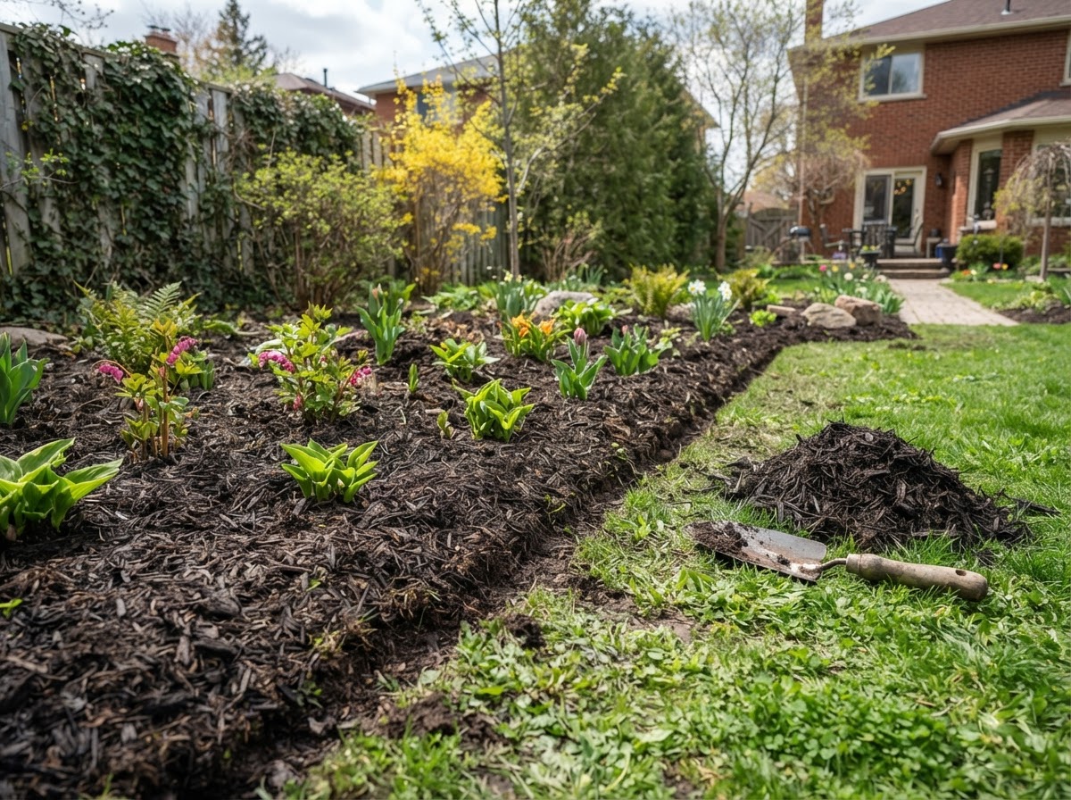 Freshly edged and mulched garden beds in spring in London, Ontario