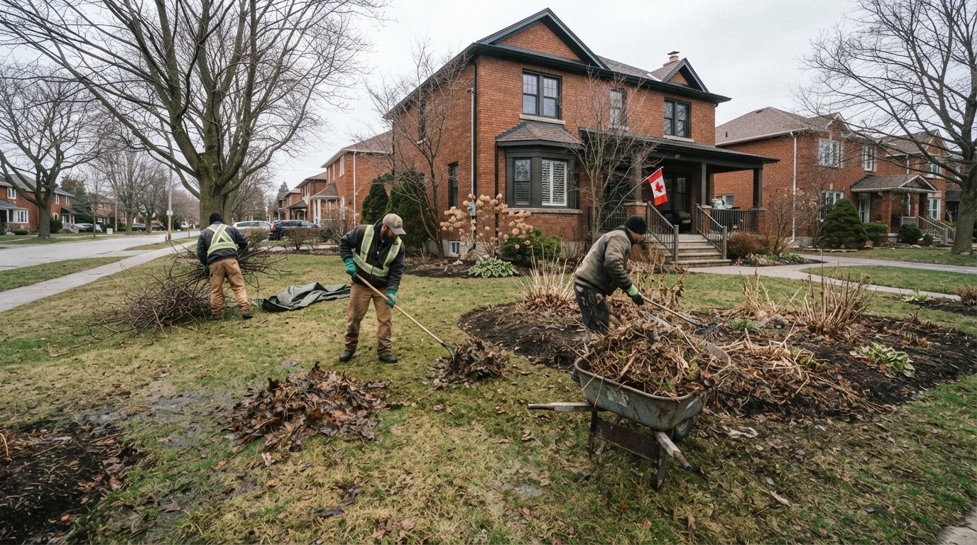 Spring yard cleanup with cleared debris and cut back beds in London, Ontario