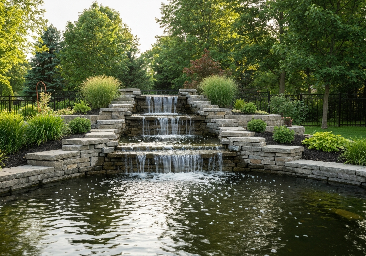 Natural stone waterfall and stream feature