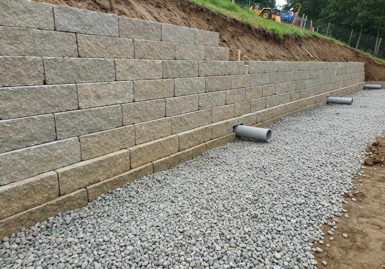 Retaining wall base and drainage during construction