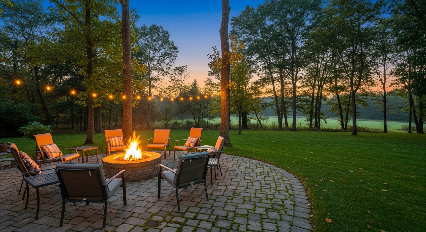 Custom stone fire pit in a London, Ontario backyard