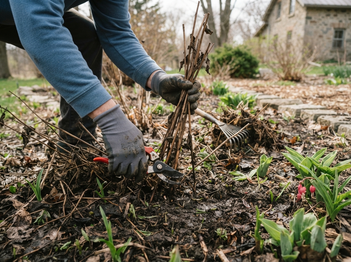 Garden bed being cleaned out and perennials cut back in spring in London, Ontario