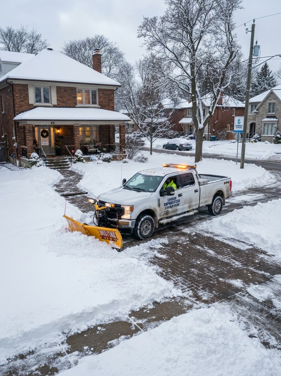 Snow removal service clearing a residential driveway in London, Ontario