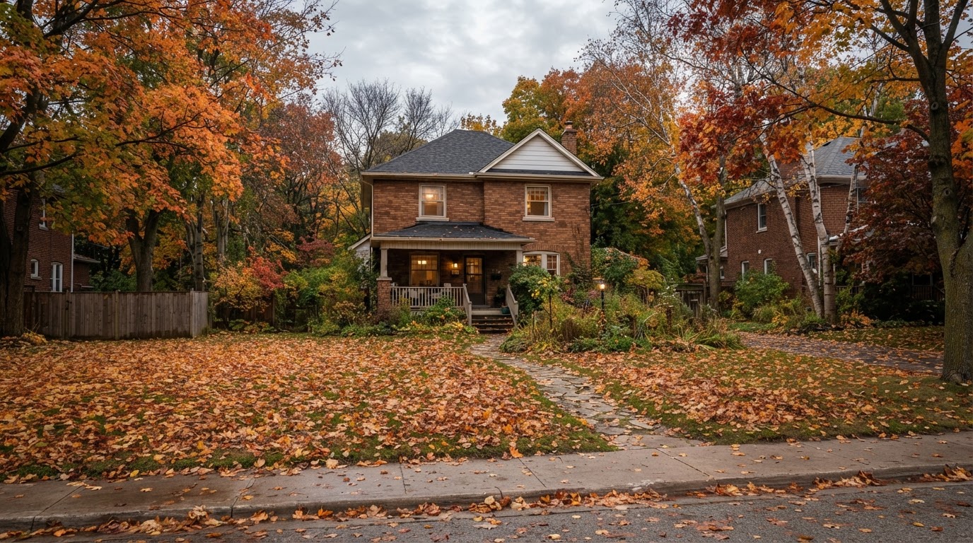 Fall yard cleanup with autumn leaves in London, Ontario