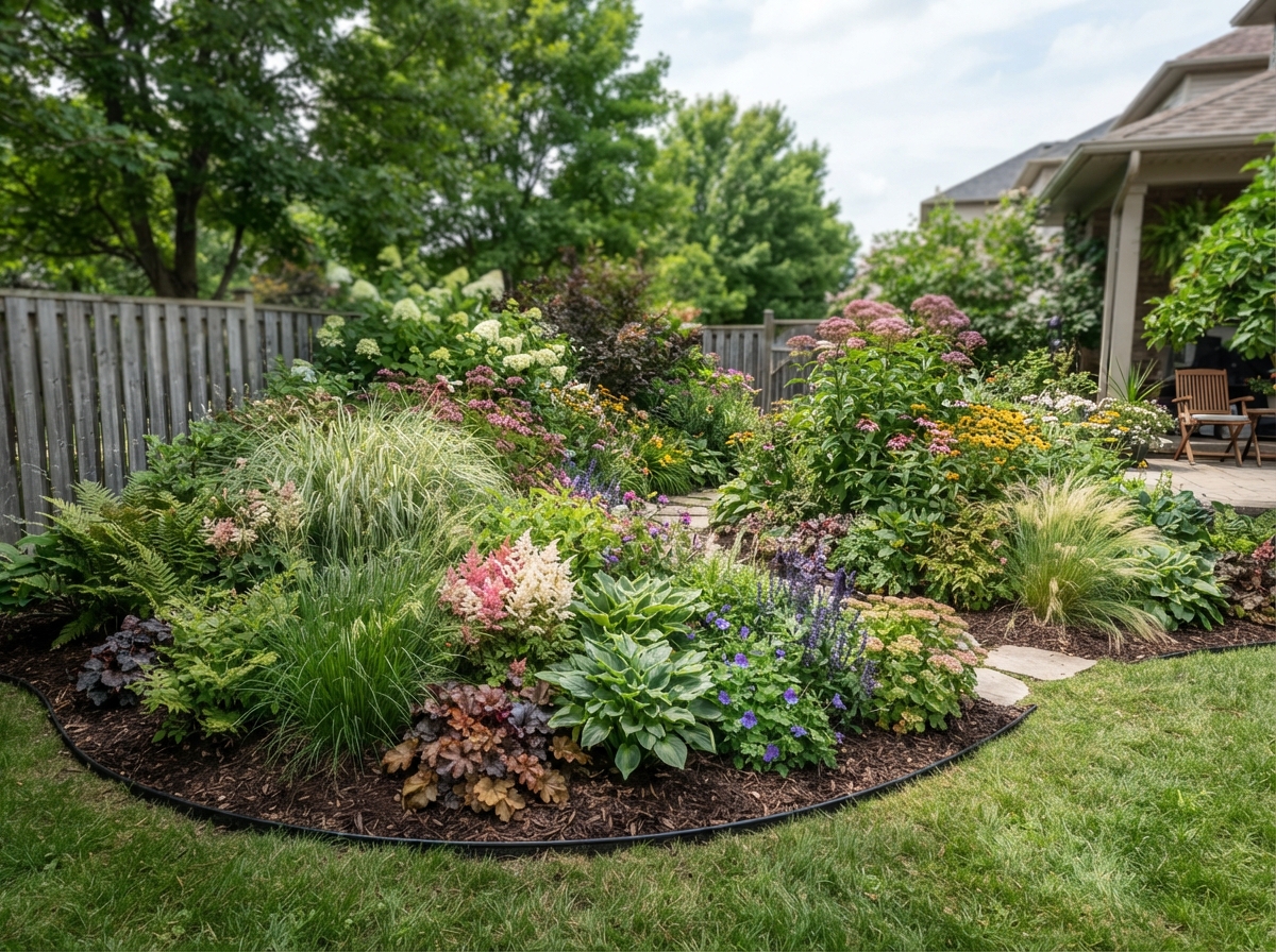 Layered perennial garden bed with seasonal colour and texture in London, Ontario