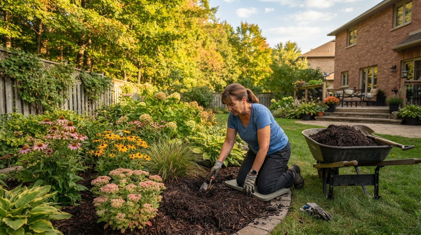 Landscaped garden bed being prepped with fresh mulch for fall in London, Ontario