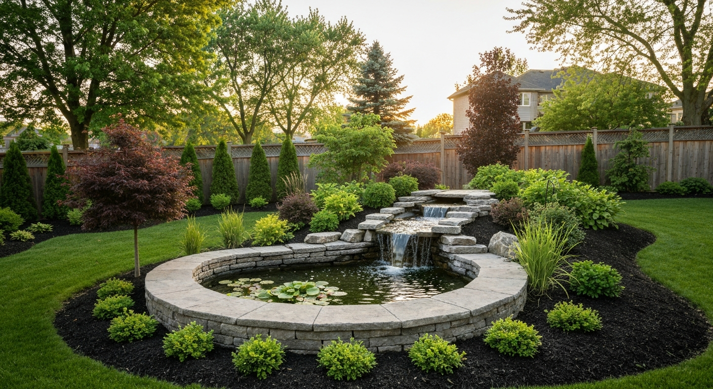 Backyard pond and waterfall in London, Ontario