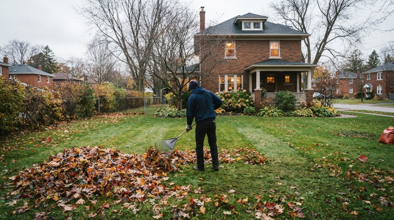 Ontario lawn being cleared of autumn leaves and prepped for winter in London, Ontario