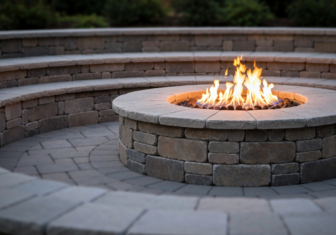 Built in seating wall around a backyard fire pit