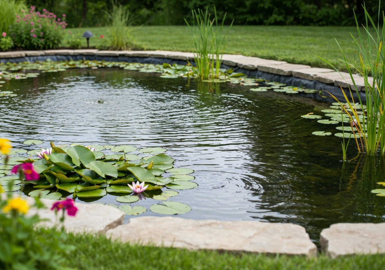Custom pond installation edged with natural stone
