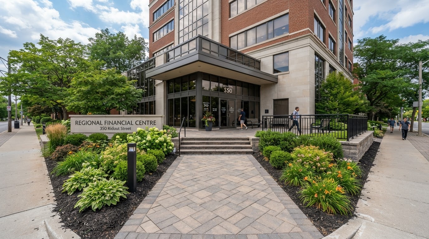 Commercial property entrance with upgraded landscaping in London, Ontario