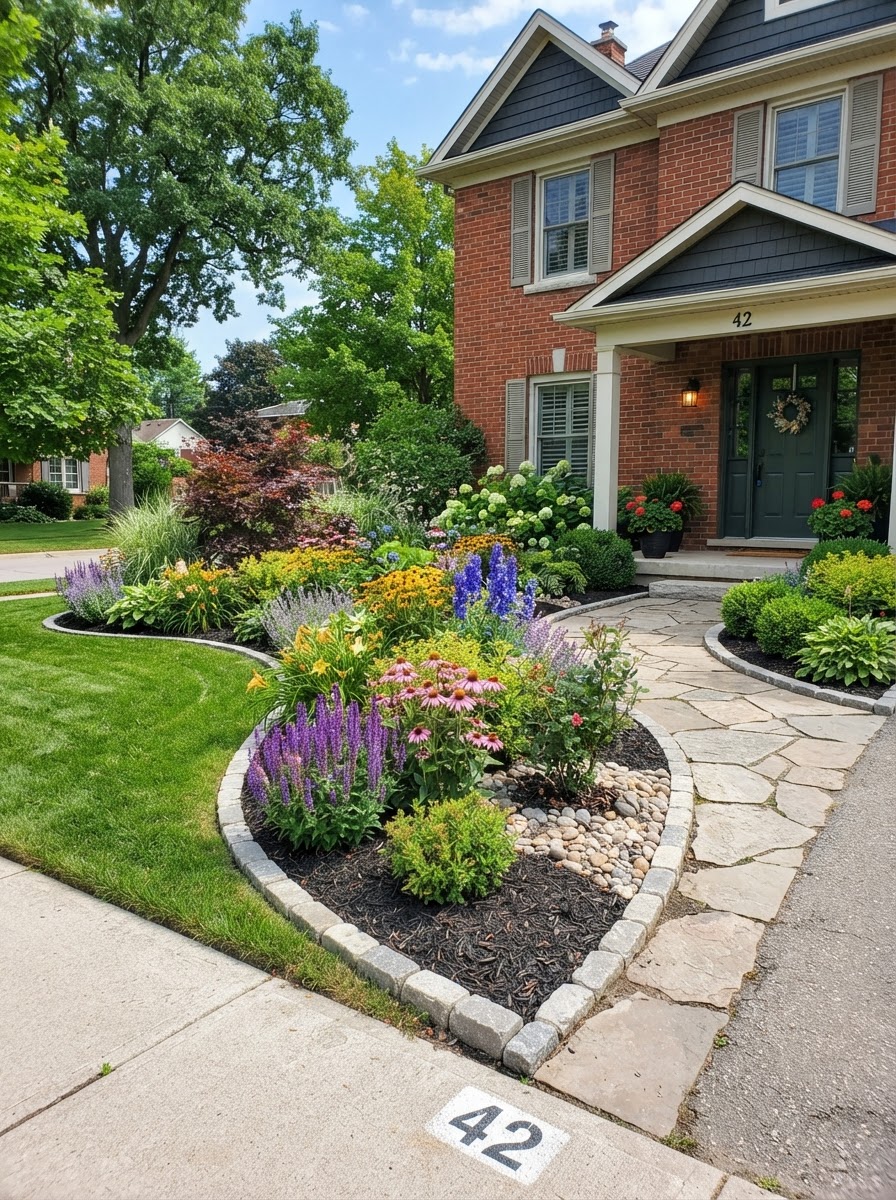Colorful perennial garden bed with mulch and edging in London, Ontario