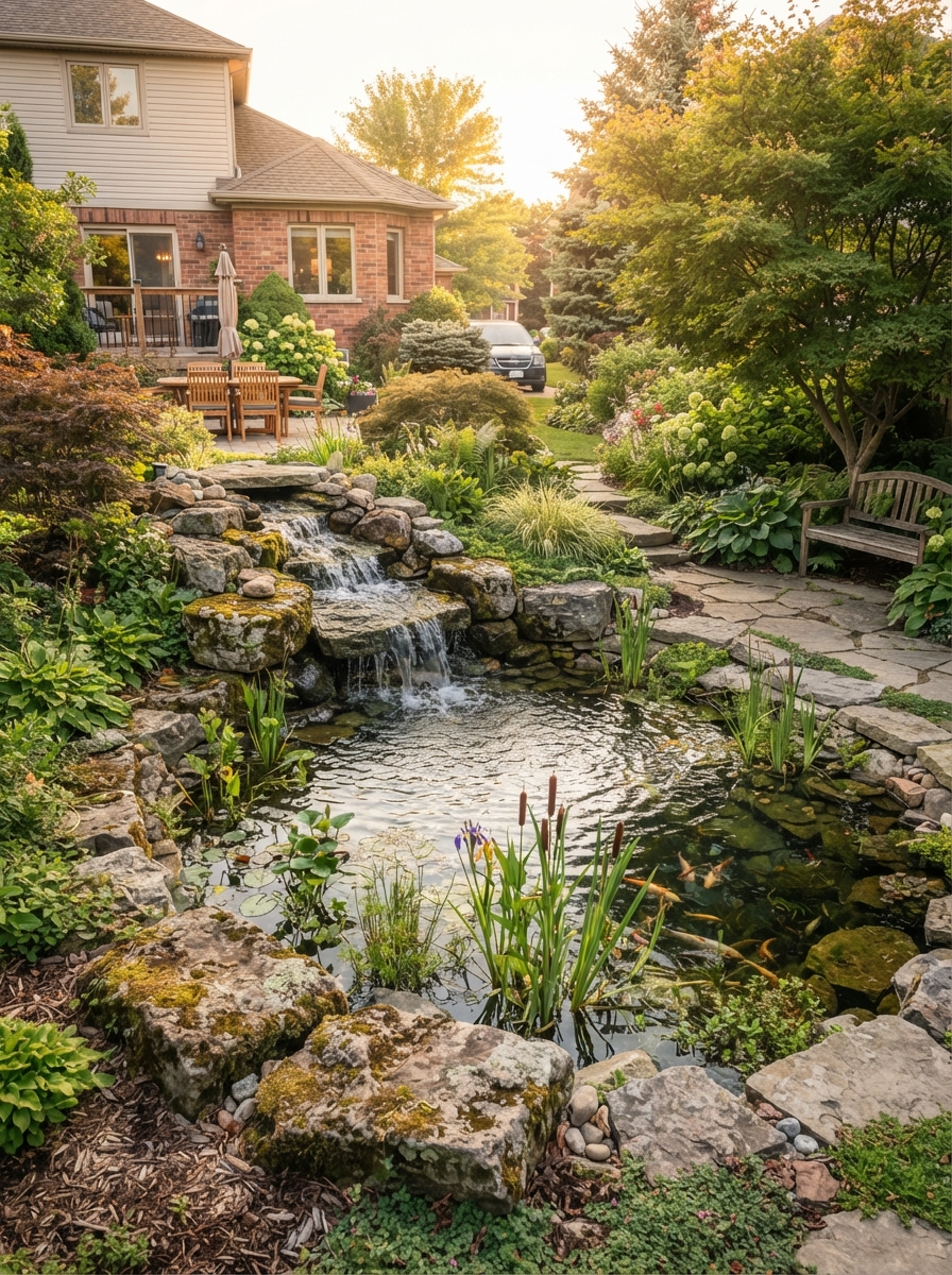 Backyard pond and waterfall water feature installation in London, Ontario