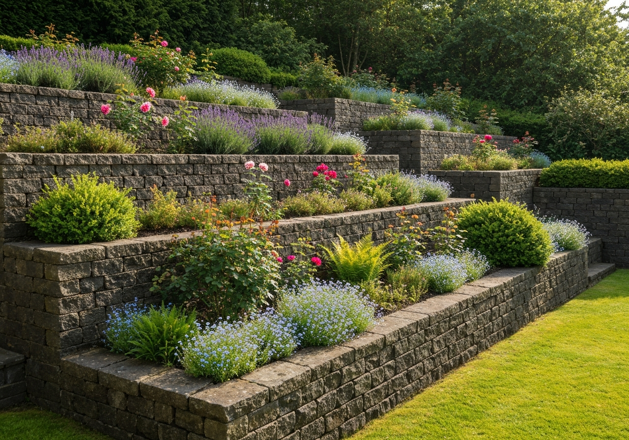 Terraced garden walls on a sloped property