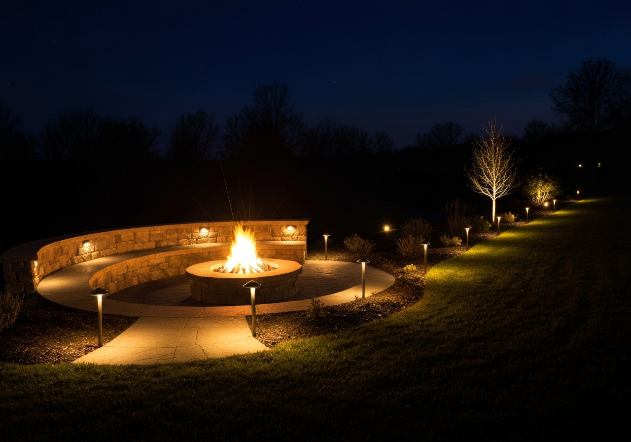 Fire pit area with landscape lighting at night
