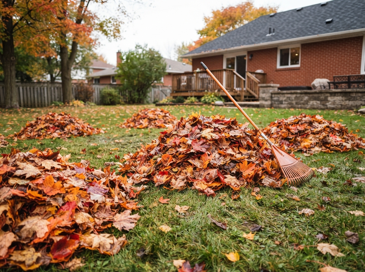 Autumn leaves raked into piles during fall cleanup in London, Ontario