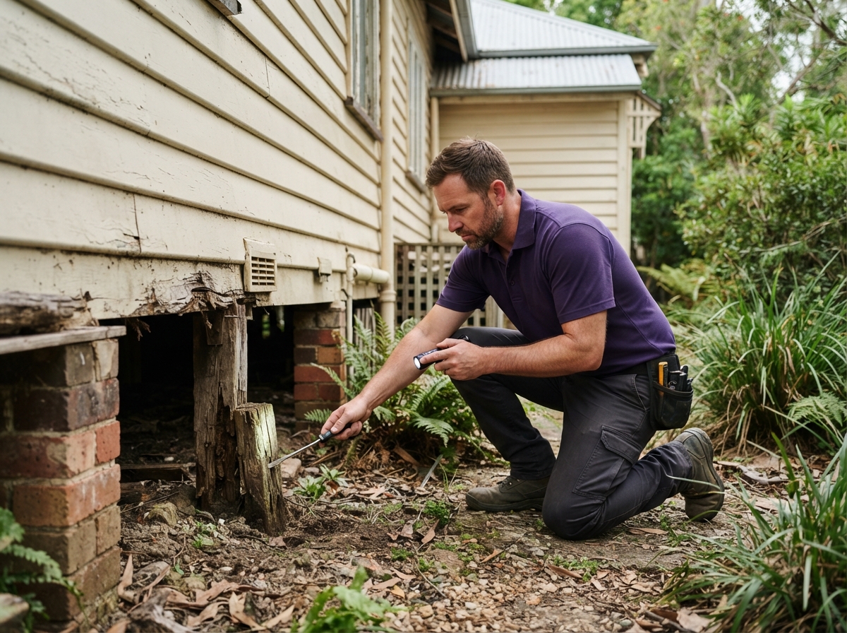 Pest control technician inspecting timber stumps along a house foundation