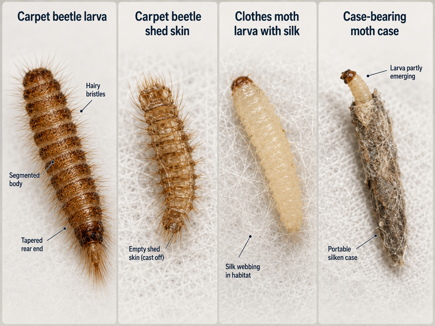 Carpet beetle shed skin compared with clothes moth silk webbing and case