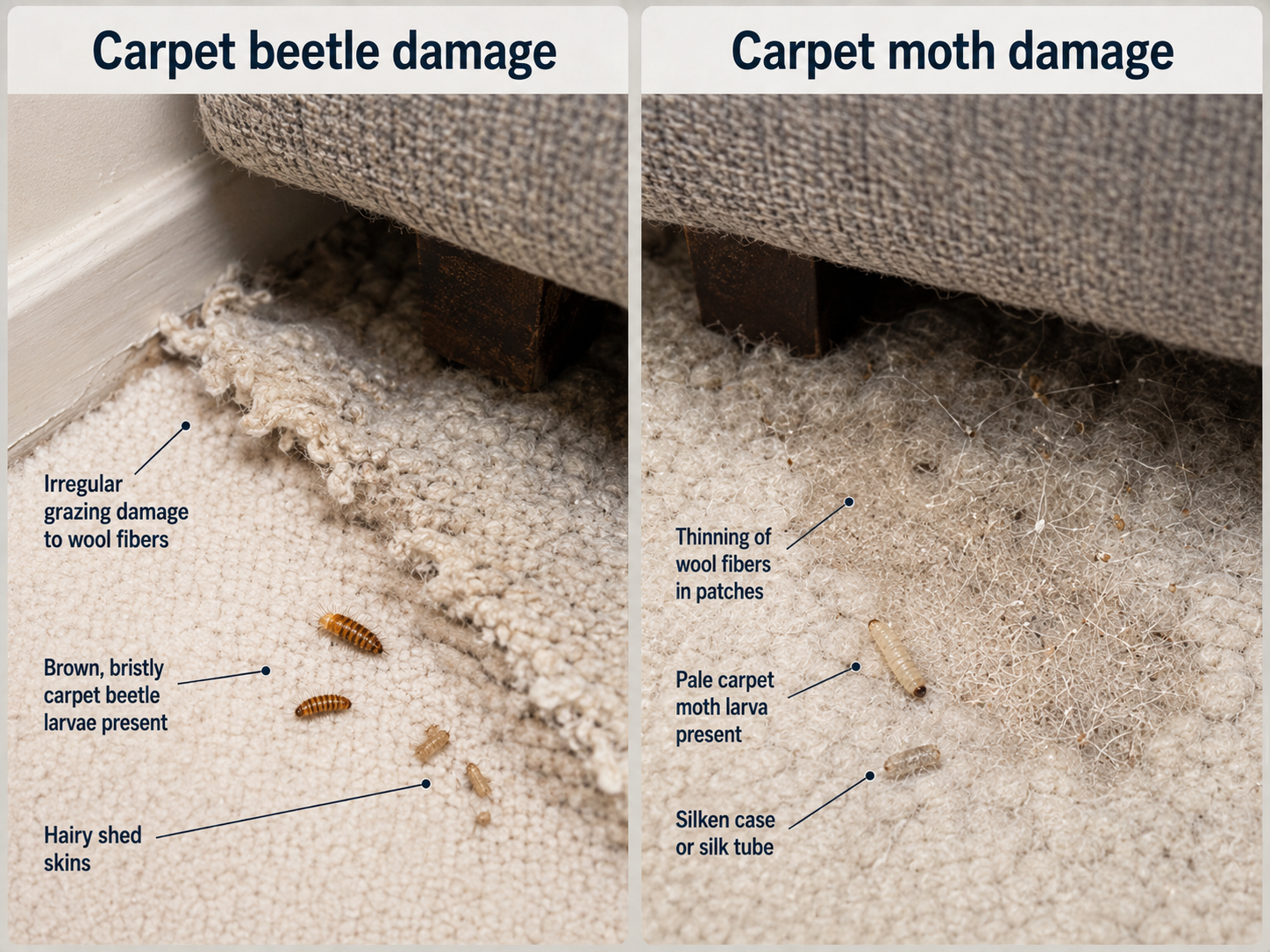 Carpet beetle damage compared with carpet moth damage on wool carpet