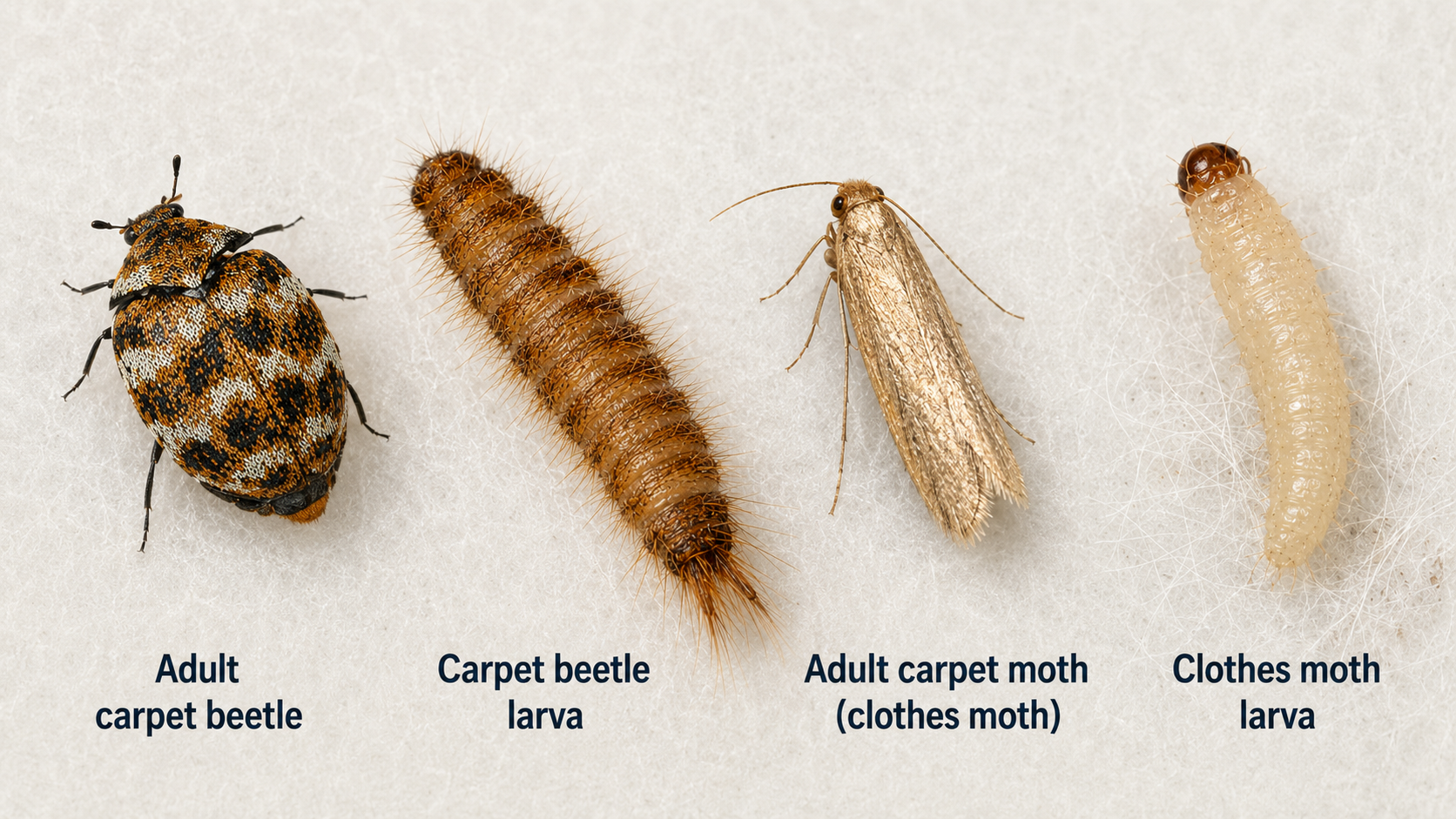 Carpet beetle larva compared with carpet moth clothes moth larva