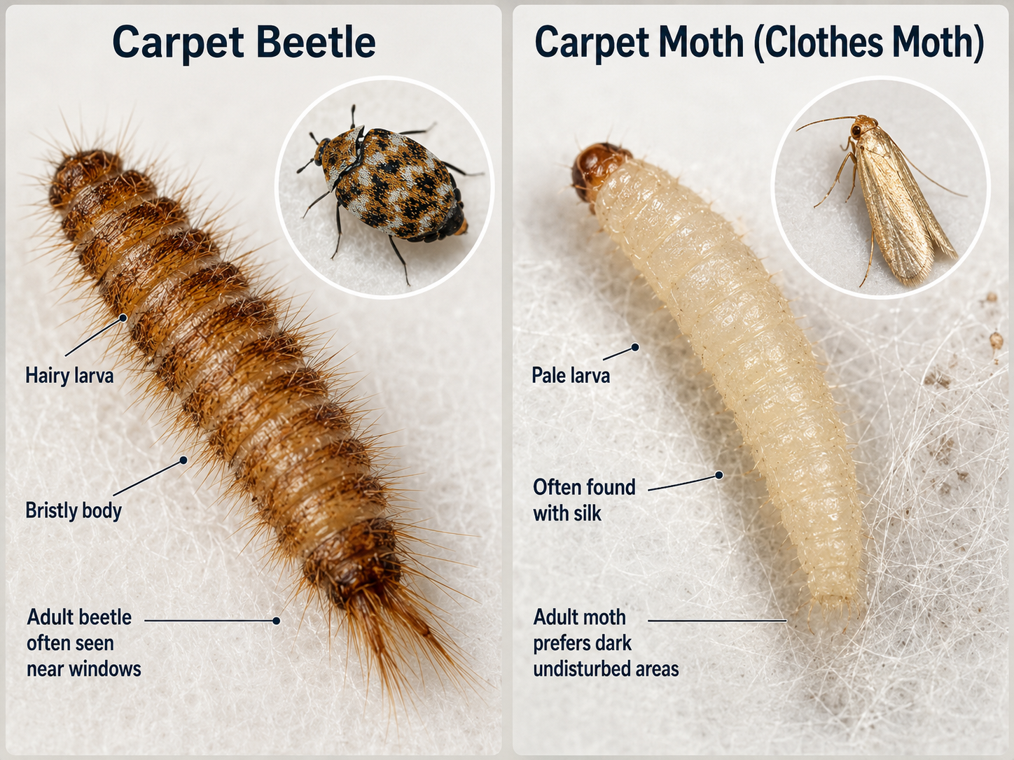 Carpet beetle vs carpet moth showing adult insects and larvae