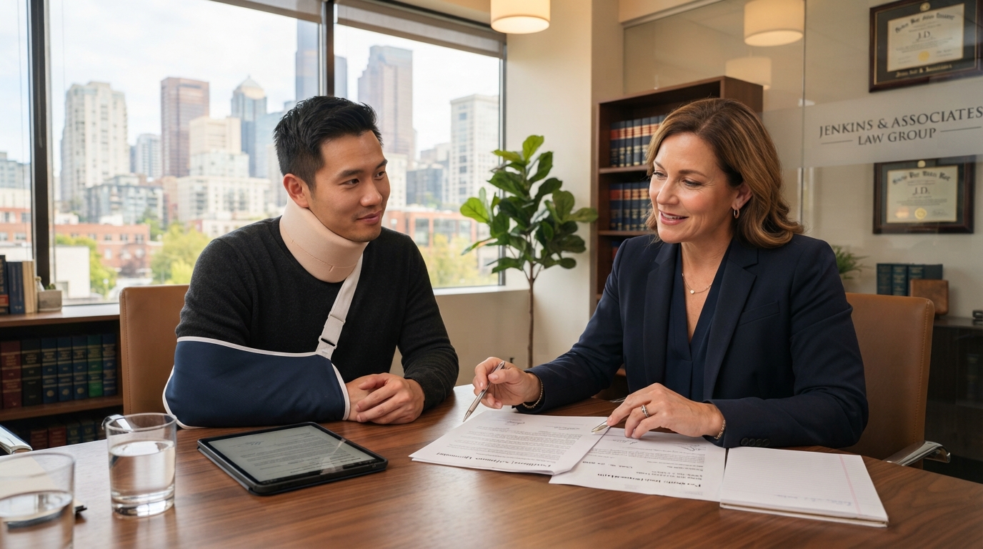 Personal injury attorney reviewing accident case files with a client