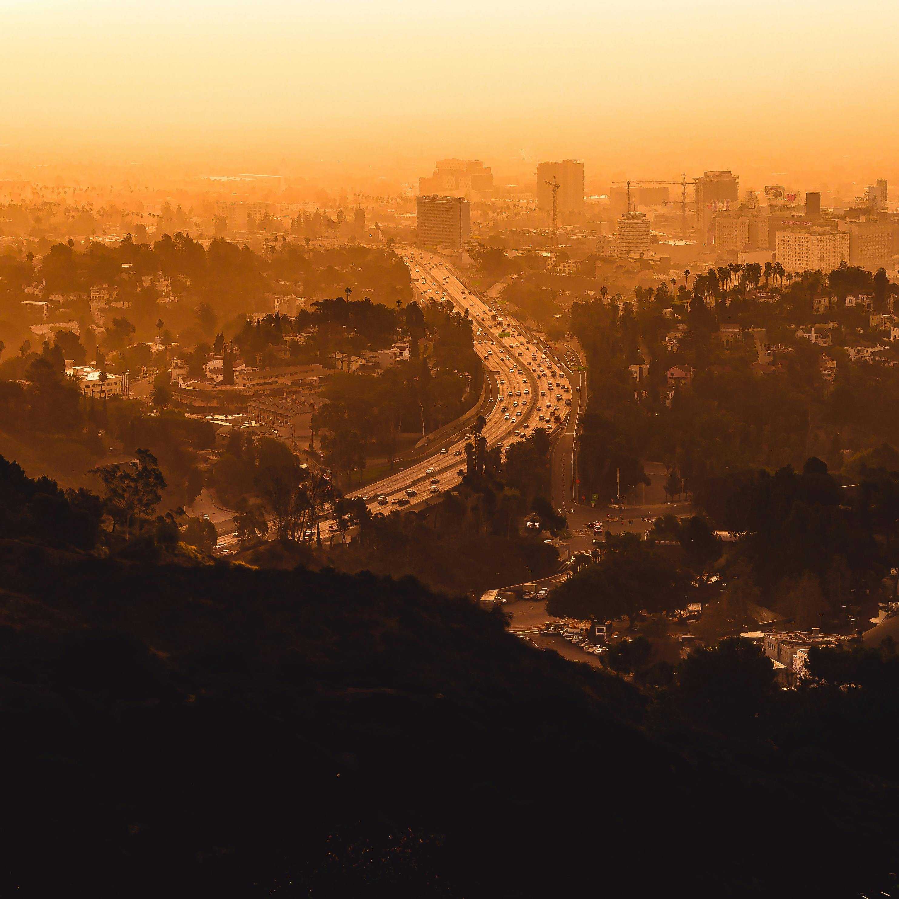 Los Angeles highway traffic at sunset