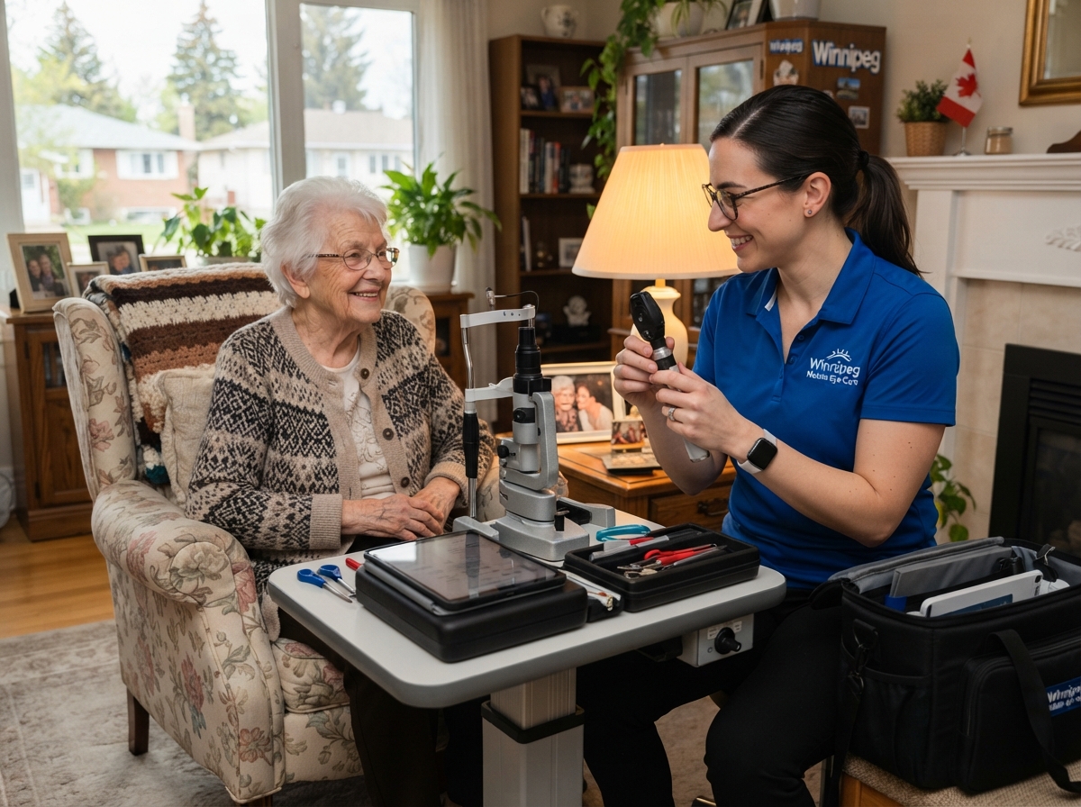 Mobile eye care home visit for a senior in Winnipeg