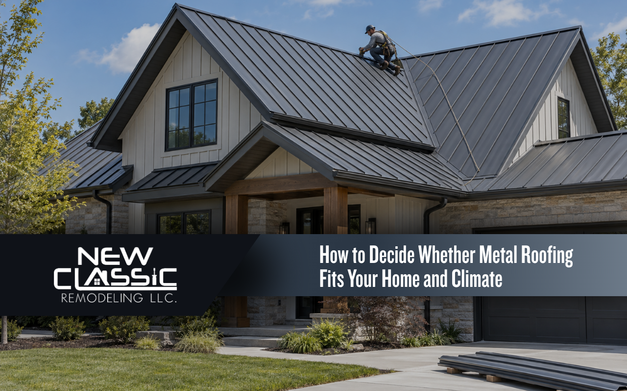 Standing seam metal roof installed on a residential home with clean flashing details