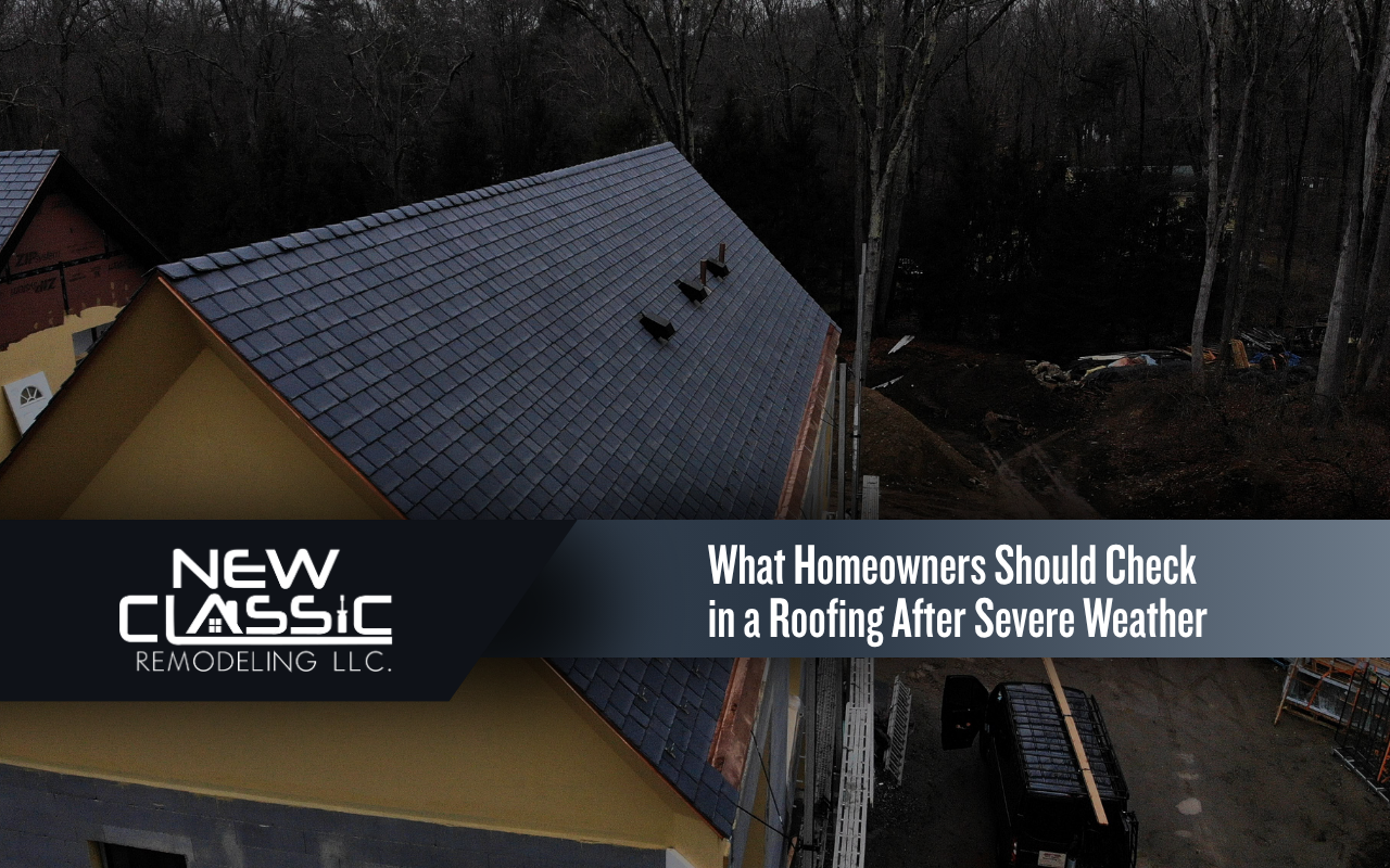 Storm-damaged residential roof with missing shingles and visible debris after severe weather
