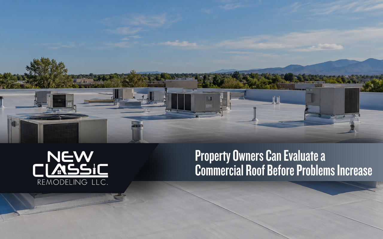 Commercial flat roof inspected for membrane wear, drainage, and repair needs