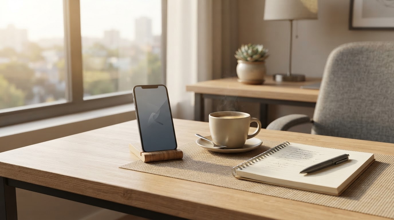 Modern office desk ready for a conversation
