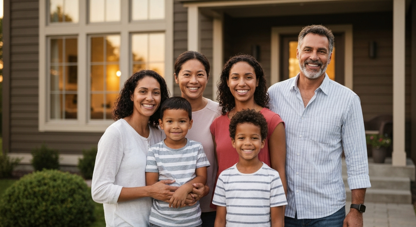 Happy family in front of home