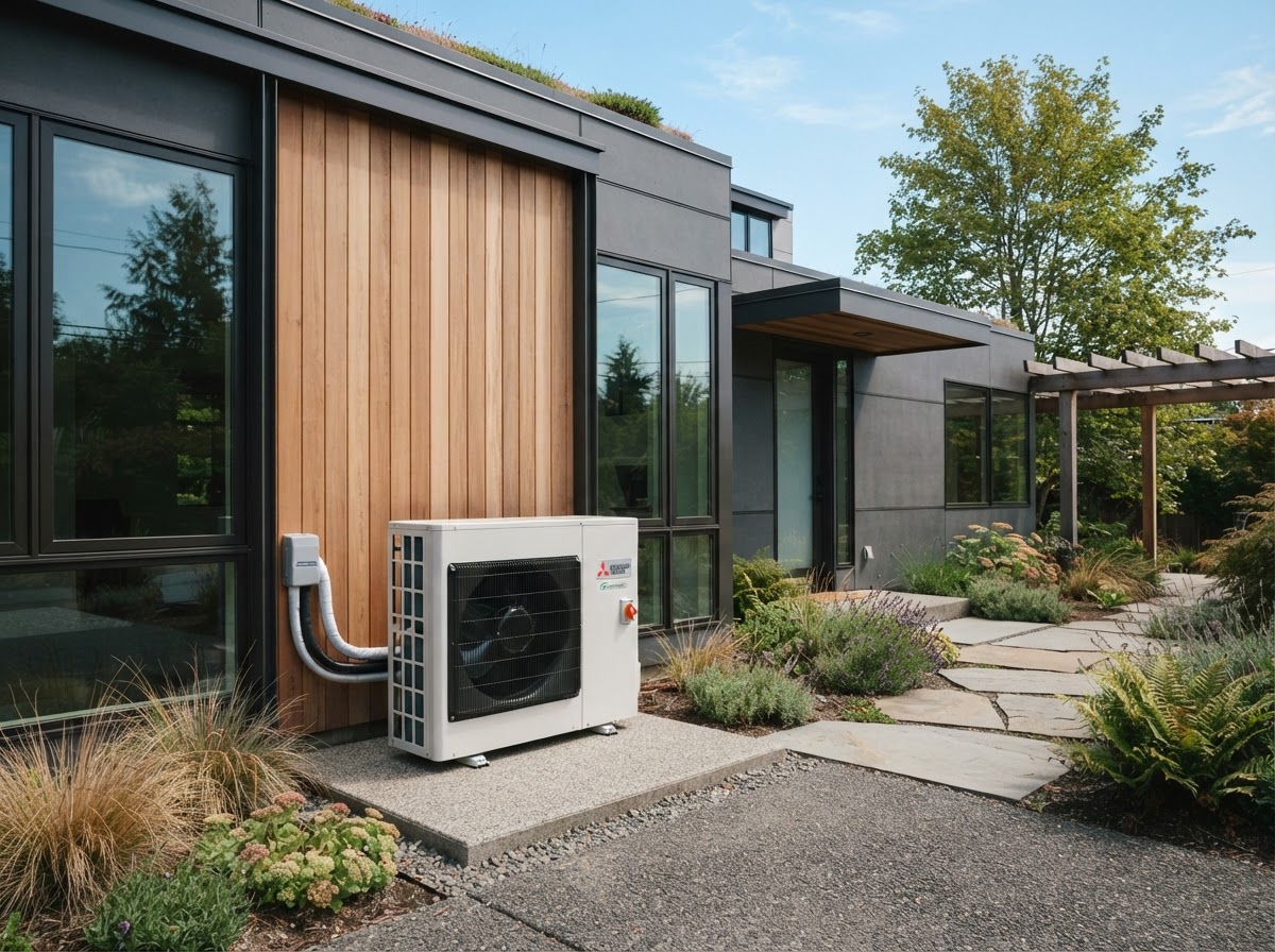 High-efficiency heat pump unit installed outside a modern home