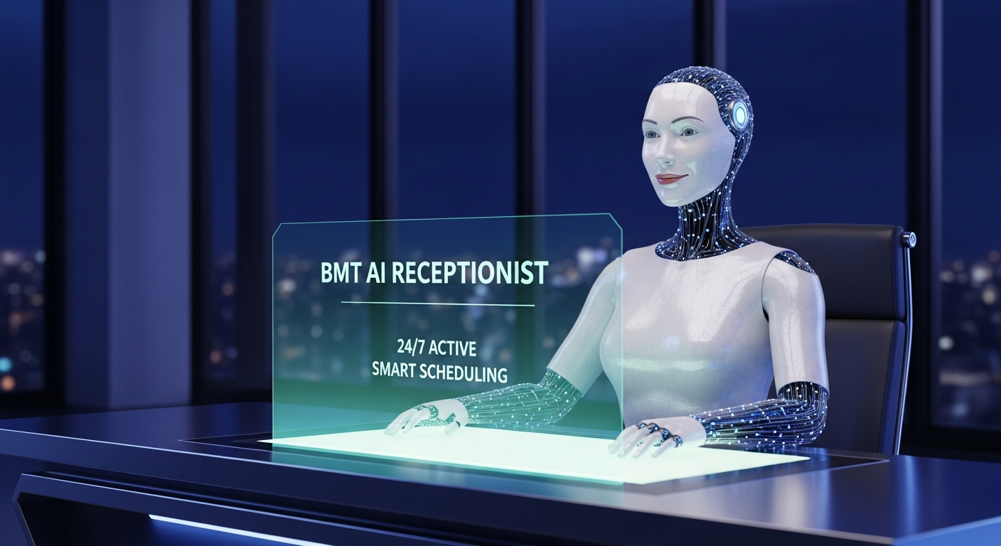 BMT Consulting AI Receptionist — intelligent virtual assistant at a futuristic reception desk