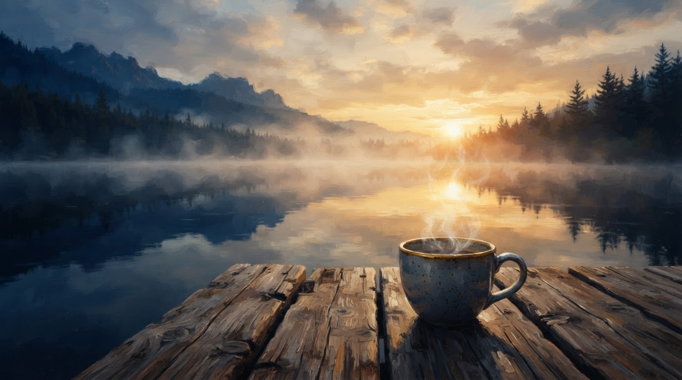 A serene misty lake at sunrise with a steaming coffee cup, symbolizing hope and healing