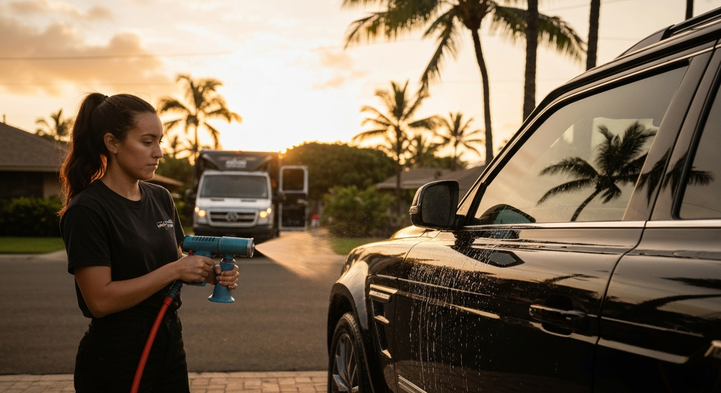 Professional detailer applying foam to luxury SUV in Honolulu Hawaii driveway