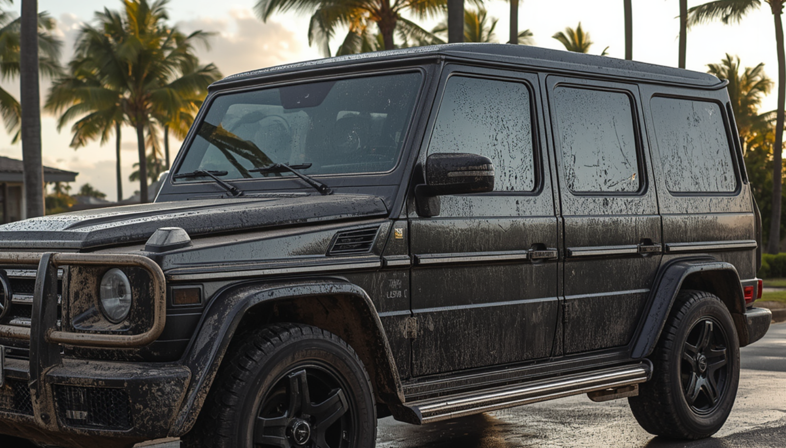 Pristine glossy black G-Wagon after professional detailing and paint correction in Honolulu Hawaii