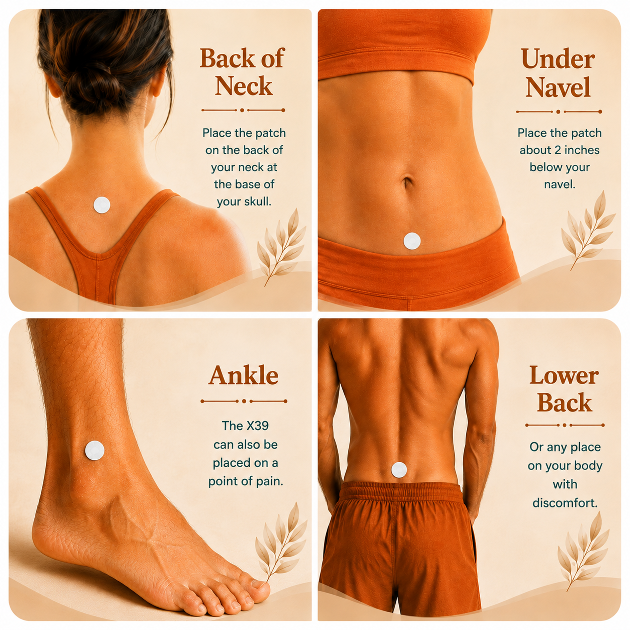 LifeWave Patch Placement Guide - Back of Neck, Under Navel, Ankle, Lower Back