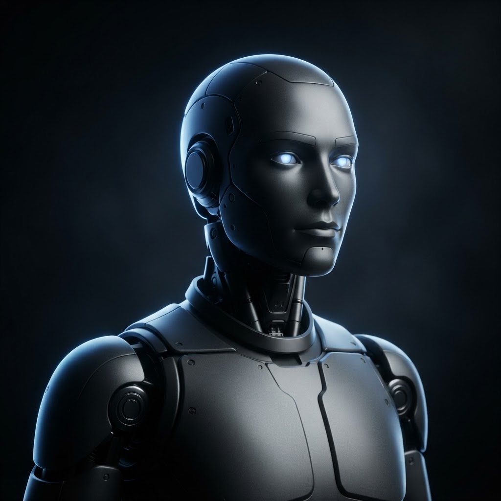 A sleek matte graphite humanoid robot, calm face, one soft blue light in the eyes, dark studio with blue rim light