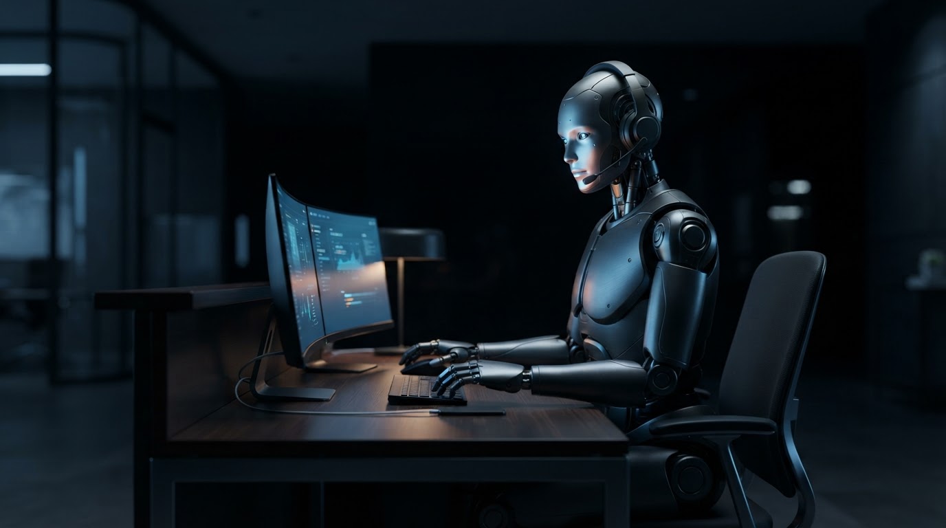 A sleek matte graphite robot seated at a contractor's front desk at night wearing a headset