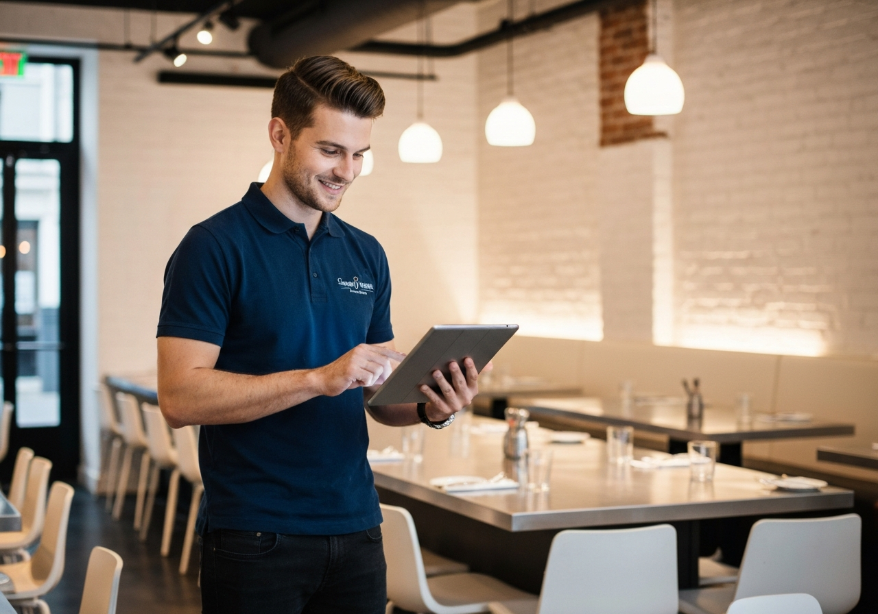 Hospitality employee using a tablet to access the AI voice assistant